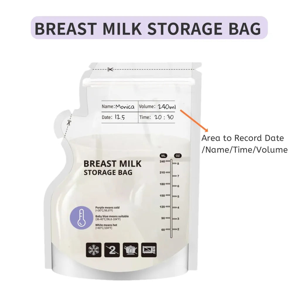 60 Pack Temperature Sensitive Breast Milk Storage Bags -Food Grade PE, Transparent with Measurement Lines,  Disposable & Leakpro