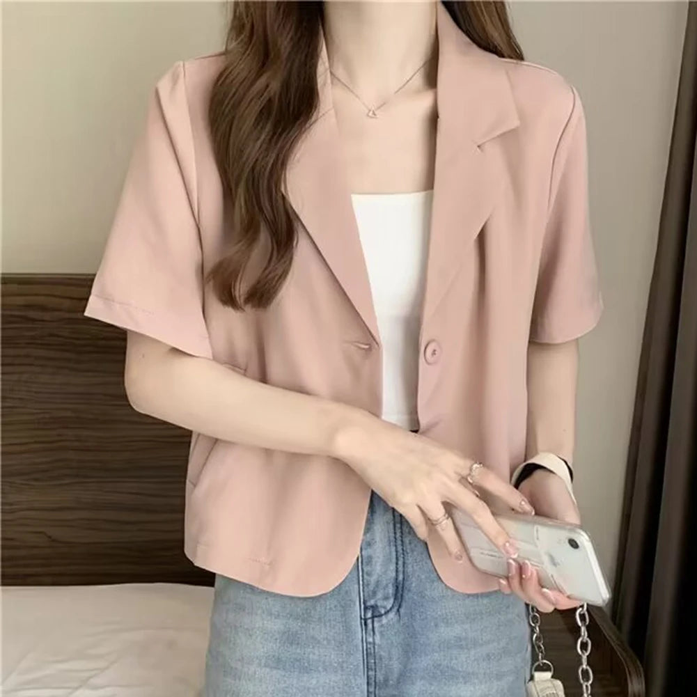 Summer Blazers Classic Women Simple Leisure Loose Korean Style Youth Single Breasted Slight Strech Comfortable Solid Color Tops