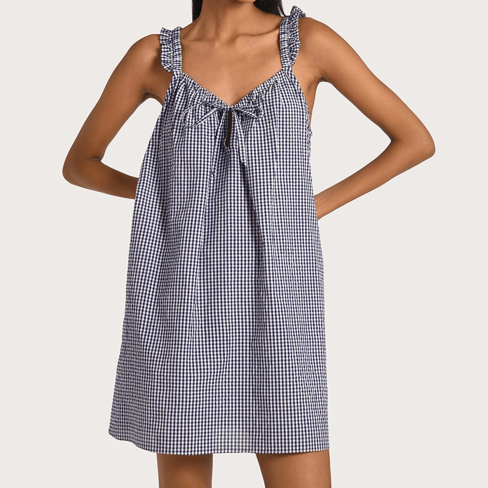 Gaono Women Summer Plaid Mini Dress Casual Y2k Gingham Spaghetti Strap Going Out Outfit Cute Flowy Swing Loose Fit Clubwear