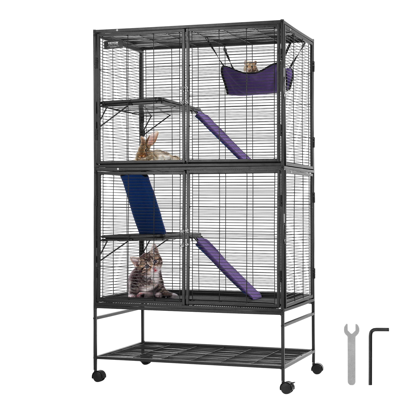 SucceBuy 64.6" Rolling Metal Ferret Cage Large 4-Tier Critter Nation Cage Small Animal Cage for Rats Hamster Guinea Chinchilla