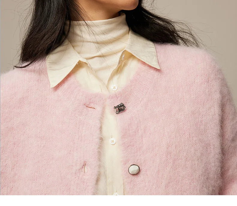 Winter Alpaca Wool Knitted Cardigan Women Soft Round Neck Single Breasted Loose Button Sweater Coat
