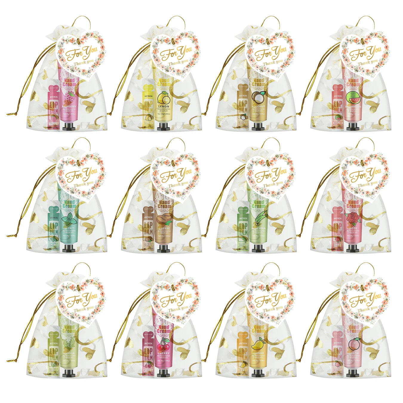 Gift set 30 sets/box hand cream and lip balm set for guests bridal wedding gift with love mesh bag and thank you card