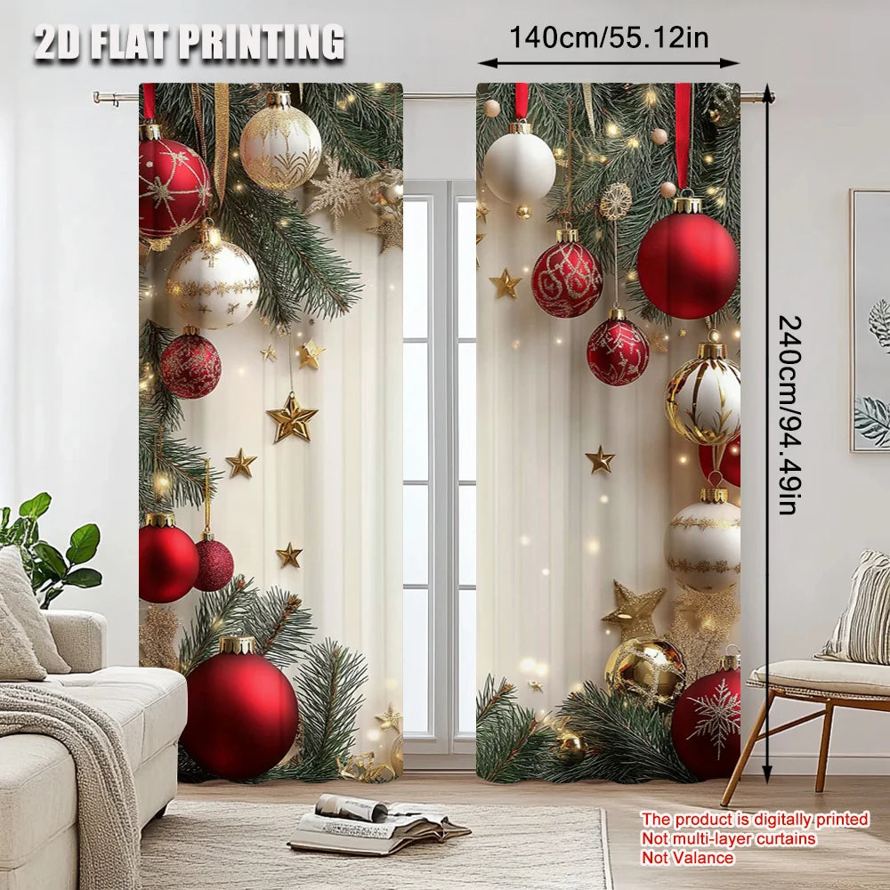 2Pcs Festive Golden And Red Ball Pine Leaves Design Christmas Window Curtains Polyester Rod Pocket Design For Living Room