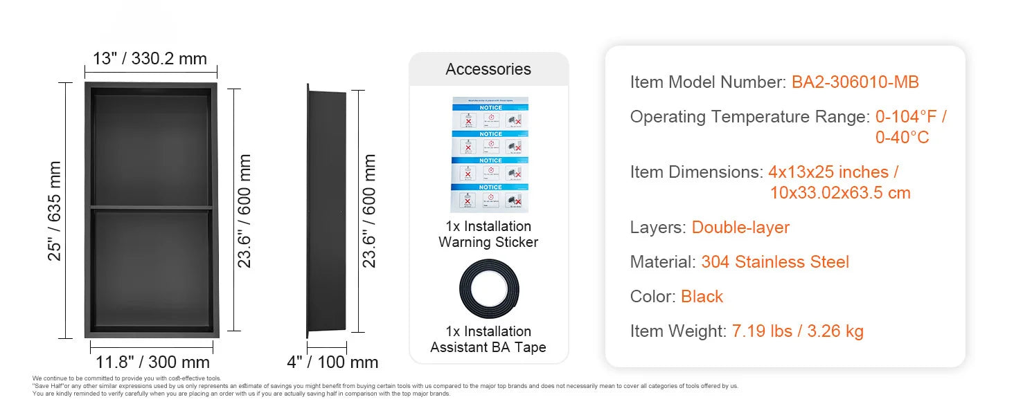 SucceBuy No Tile Shower Niche 304 Stainless Steel Wall Inserted Niche Recessed Double Shelves for Shower  Soap Storage Bathroom