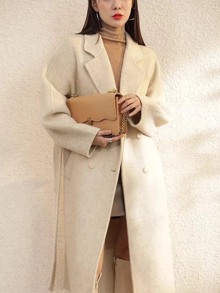 High Grade Gray Double-Sided Cashmere Coat For Women In Autumn And Winter With Hand Sewn Lapel And Double Breasted Long Coat