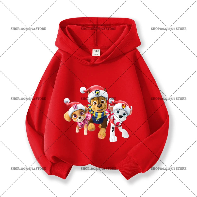 Paw Patrols Christmas Baby Hoodies Cute Anime Print Long Sleeved Child Red Top Pullover Casual Sweatshirt Kids Clothes Xmas Gift