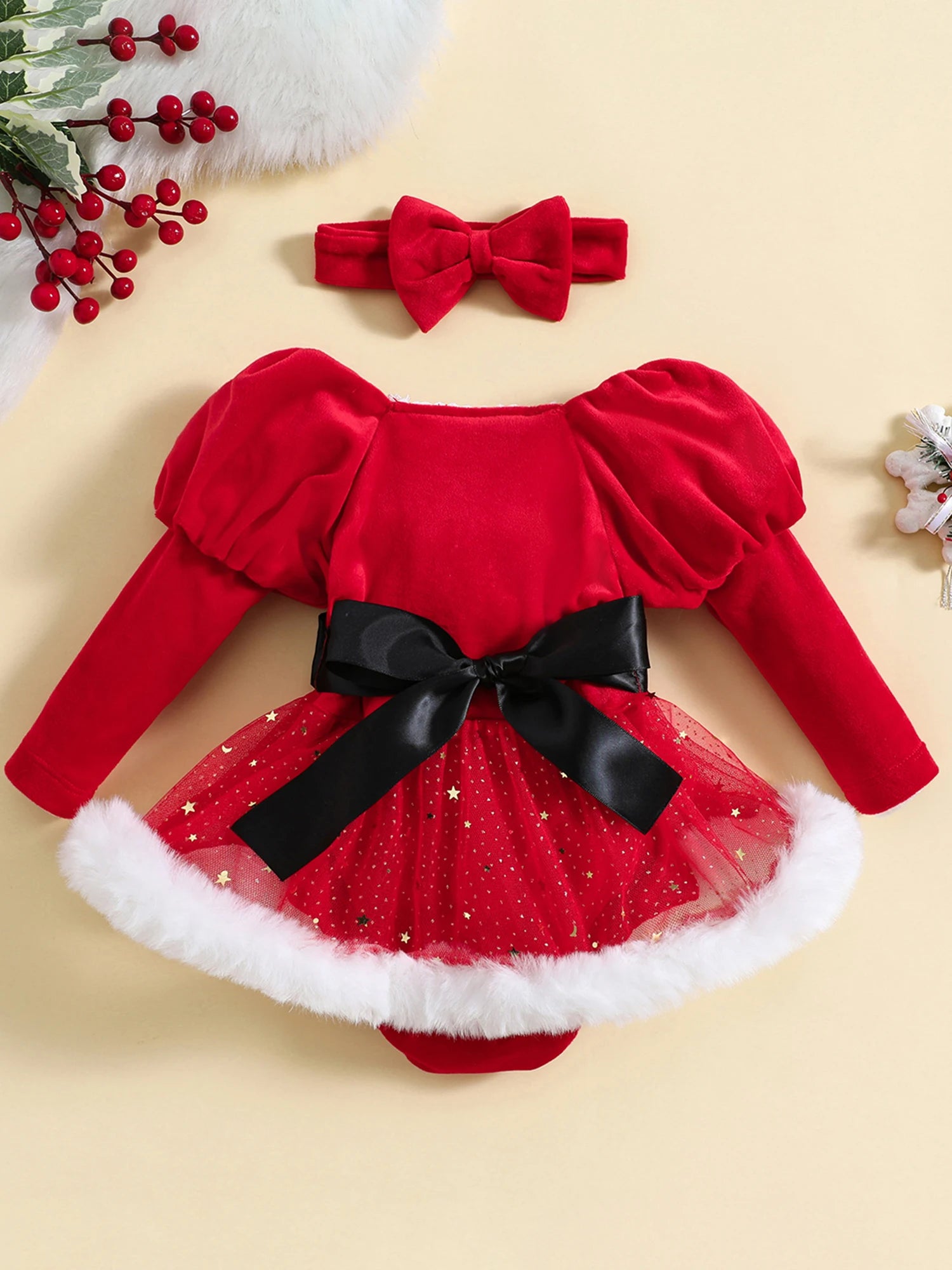 Baby Girls Rompers Dress Christmas Clothes Patchwork Sequins Stars Moon Skirt Hem Long Sleeve Toddler Bodysuits with Headband