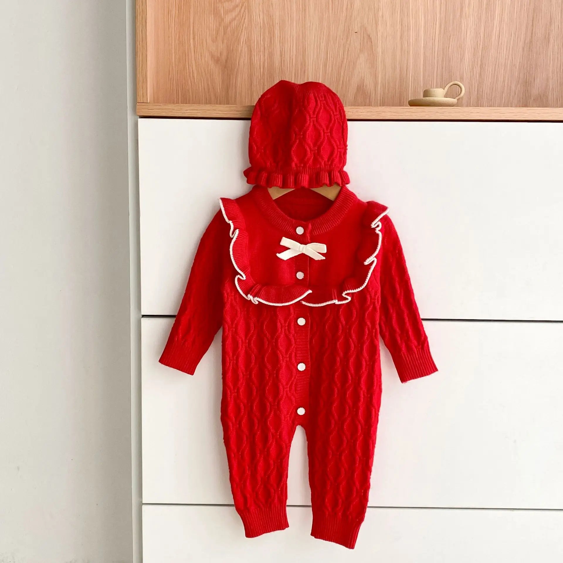 Christmas Baby Rompers Clothes Hat Autumn Winter Knitted Bow Newborn Girls Jumpsuits Fashion Solid Plain Toddler Kids Rompers