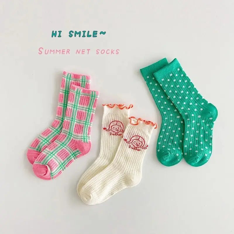 3PCS/Set Girls' Socks Korean Children's Cotton Mesh Mid Tube Socks 2-12Y Baby Girls Kids Versatile Thin Breathable Trendy Socks