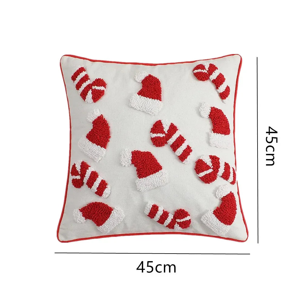 1/2 PCS Christmas Plush Pillowcase 3D Santa Hat Cane Pattern Hidden Zipper Closure Pillowcase New Year Party Decoration