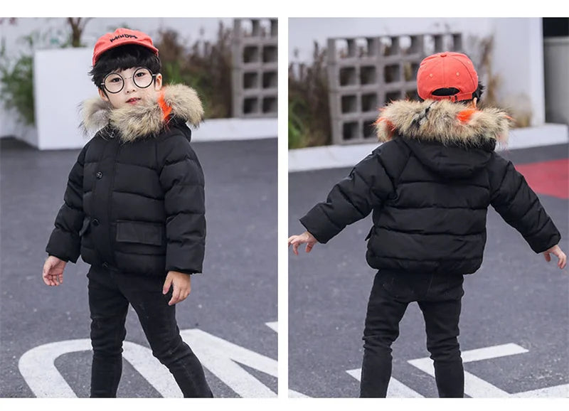 Baby Girl Boy Warm Outerwear 2023 Winter New Children Down Jacket Big Fur Collar Coat Kids Clothes Solid Thicken Girl Boy Jacket