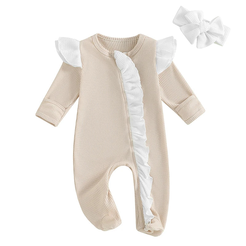 2024-05-11 Lioraitiin Baby Girls Outfit, Long Sleeve Crew Neck Frills Zipped Contrast Color Footies and Headband Fall Clothes