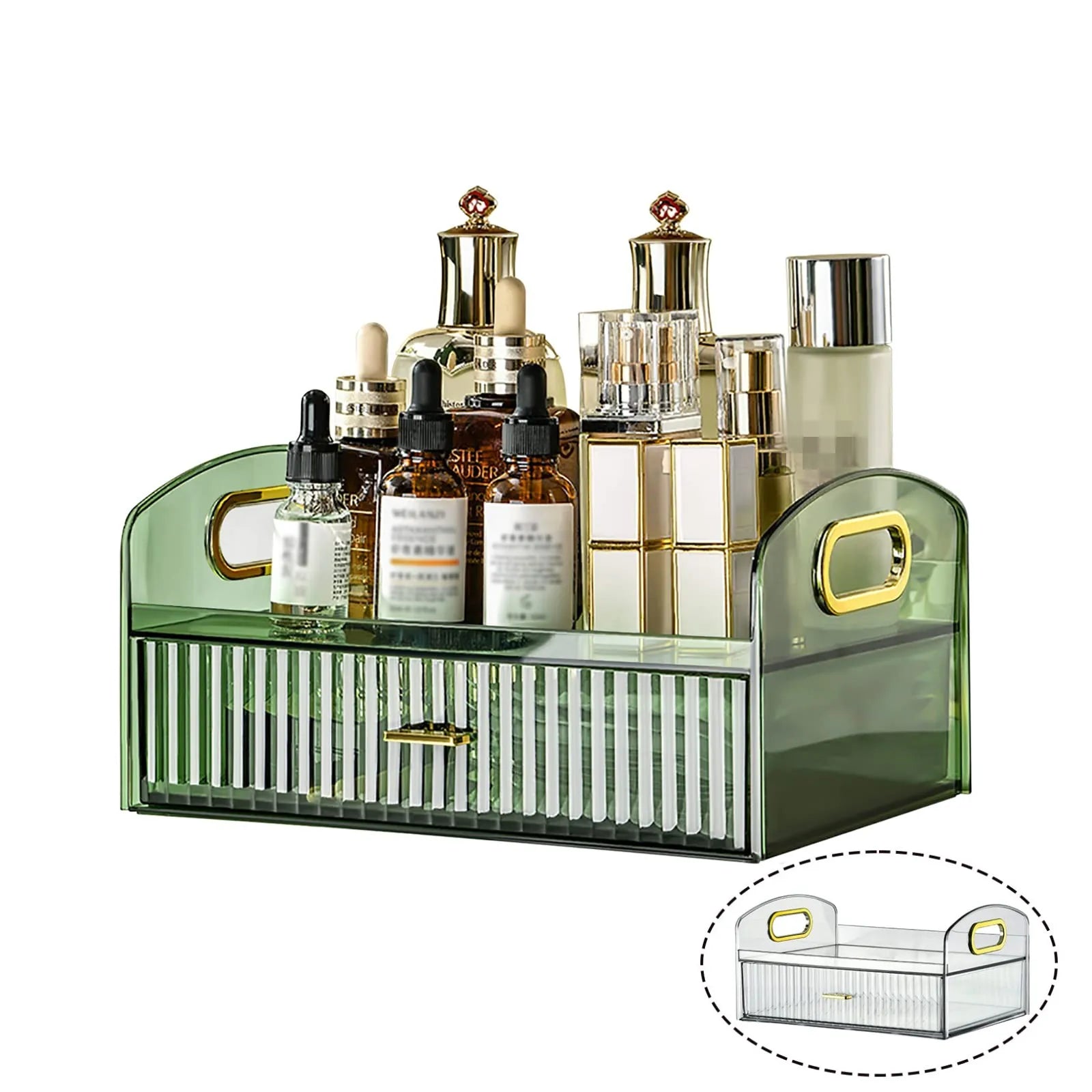 Makeup Organizer Countertop Clear Cosmetics Storage Boxes with Drawers & Portable Handle For  Vanity Skincare Desktop Bathroom