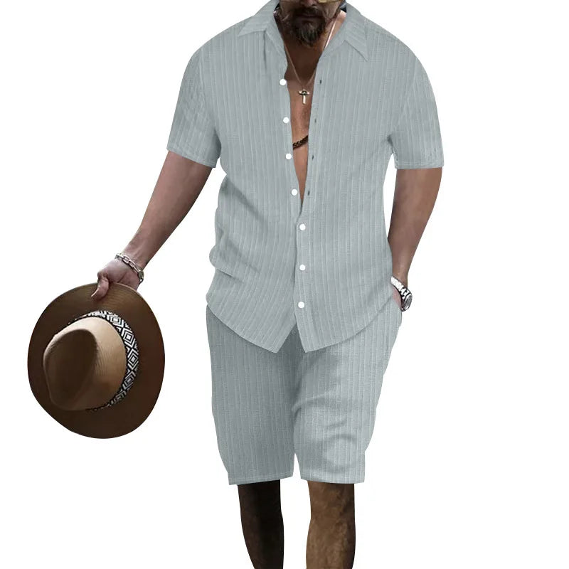 Summer European and American Style Men's Clothing Short Sleeve Cardigan Suit Men's Casual Loose Short Sleeves Shorts Beach Suit