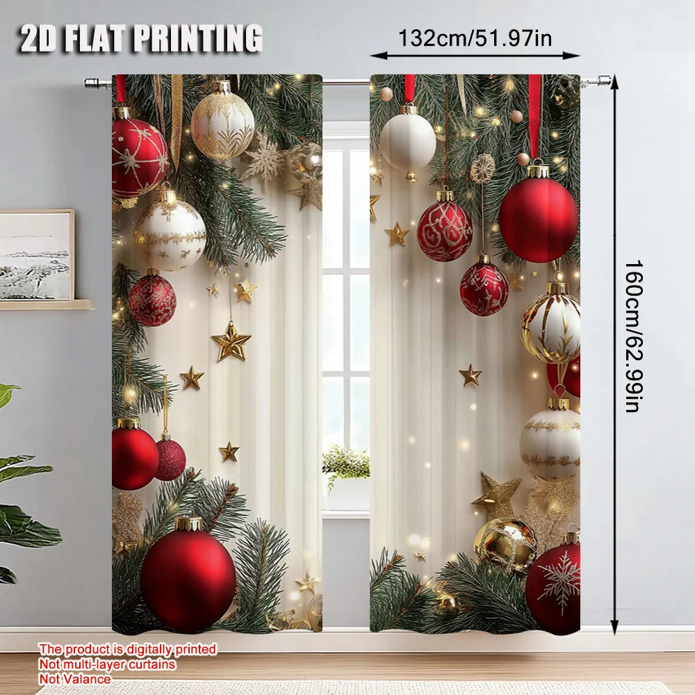 2Pcs Festive Golden And Red Ball Pine Leaves Design Christmas Window Curtains Polyester Rod Pocket Design For Living Room