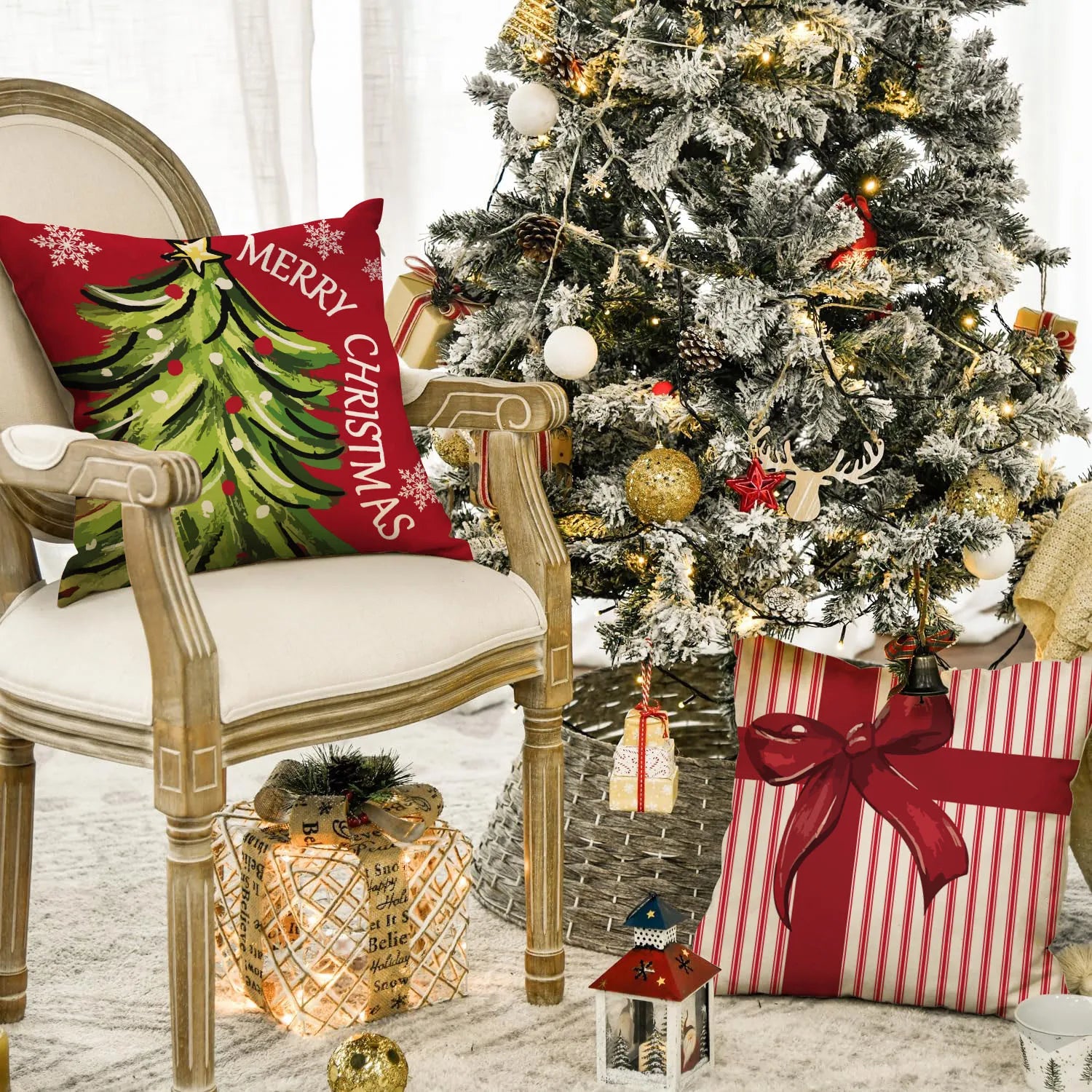 1pc/4pcs Christmas Pillow Cover, Black and Red Buffalo Plaid Celebration Christmas Tree Snowflake Decoration Sofa Cushion Cover