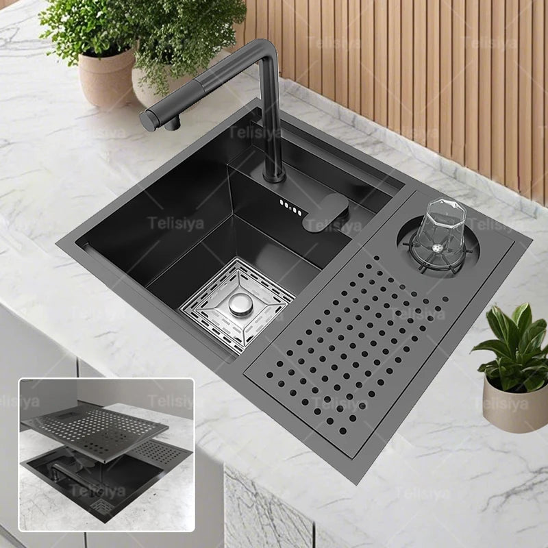 Hidden Sinks Stainless Steel Kitchen Sink Bar Small Single Slot With Lid Wash Basin Balcony Garden Campervan