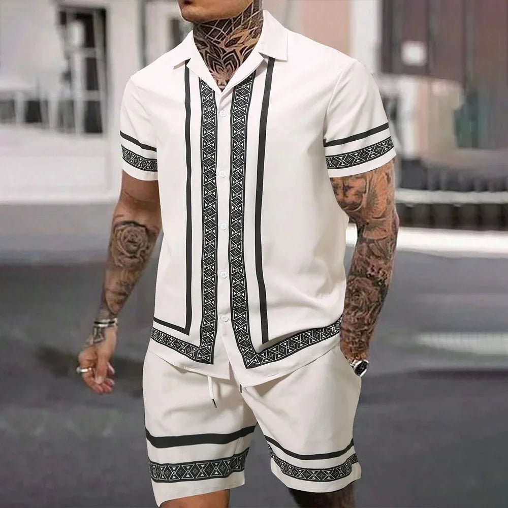 Vacation Men's 2-Piece Outfits Vintage Button Down Short Sleeve Shirt And Shorts Set Elastic Waist Shorts Short Sleeve Shirts