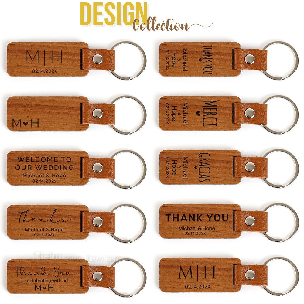 30PCS Custom Wooden Keychain Personalized Wedding Favor Rustic Wood Key Ring Engraved Name Thank You Bridal Party For Guest Gift