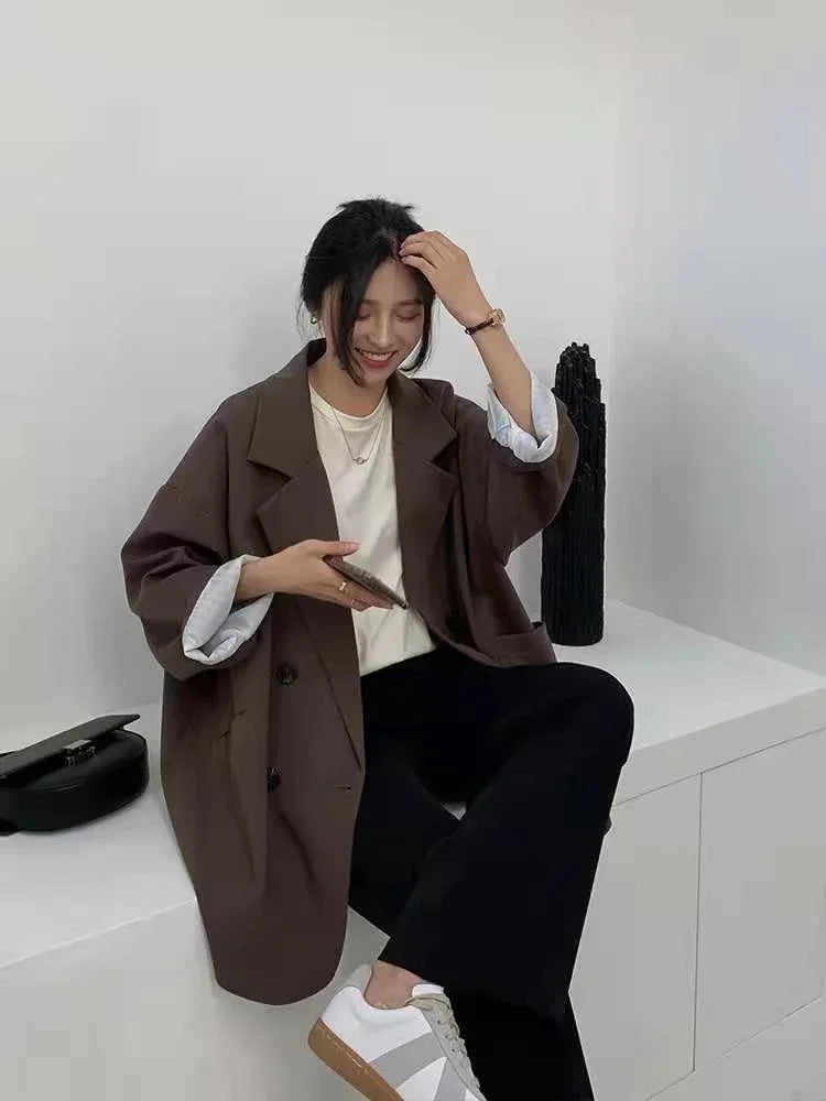 Vintage Brown Blazer Women Elegant Official Ladies Autumn Fashion Long Sleeve Oversized Chic Casual Jacket All-match Coat