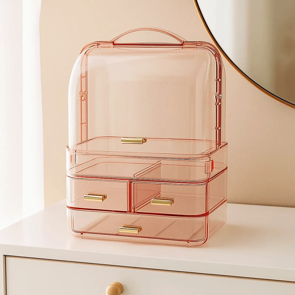 Drawer Style Cosmetics Storage Box with Lid and Handle Clear Skincare Display Cases Dustproof Multilayer Makeup Storage Rack