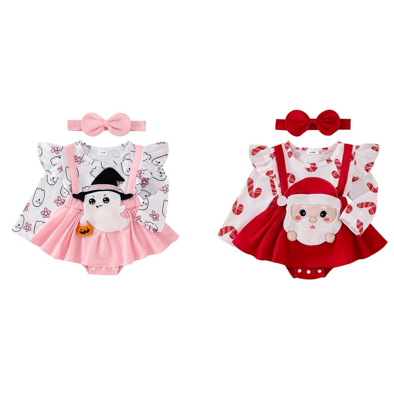 ma&baby 0-18M Christmas Newborn  Baby Girl Red Romper Long Sleeve Santa Ruffle Long Sleeve Jumpsuit Bow Headband Xmas Costumes