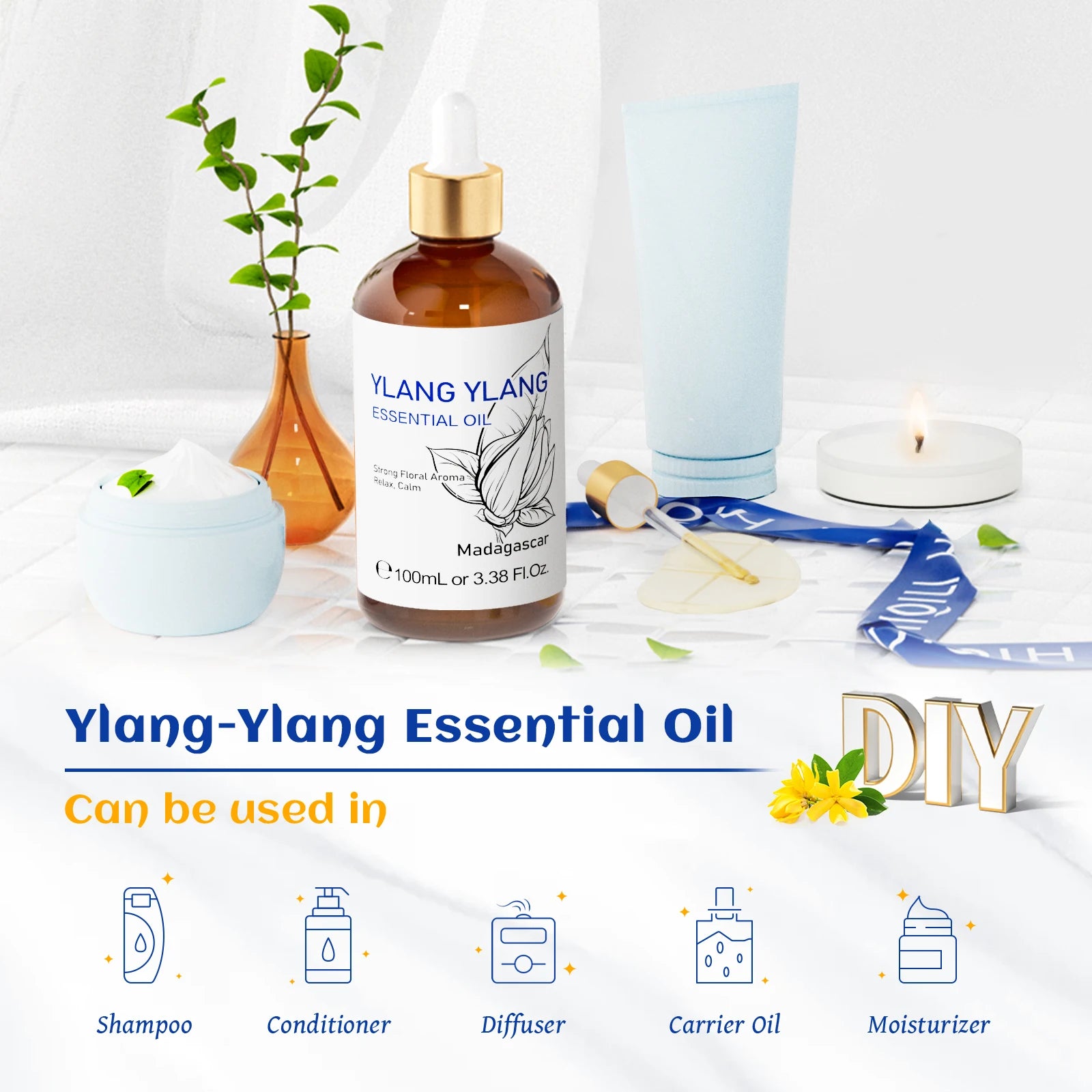 HIQILI Ylang-Ylang Essential Oil 100ML Citronella Geranium 100% Natural Tree Oil for Skin Massage Stress Relief & Aromatherapy