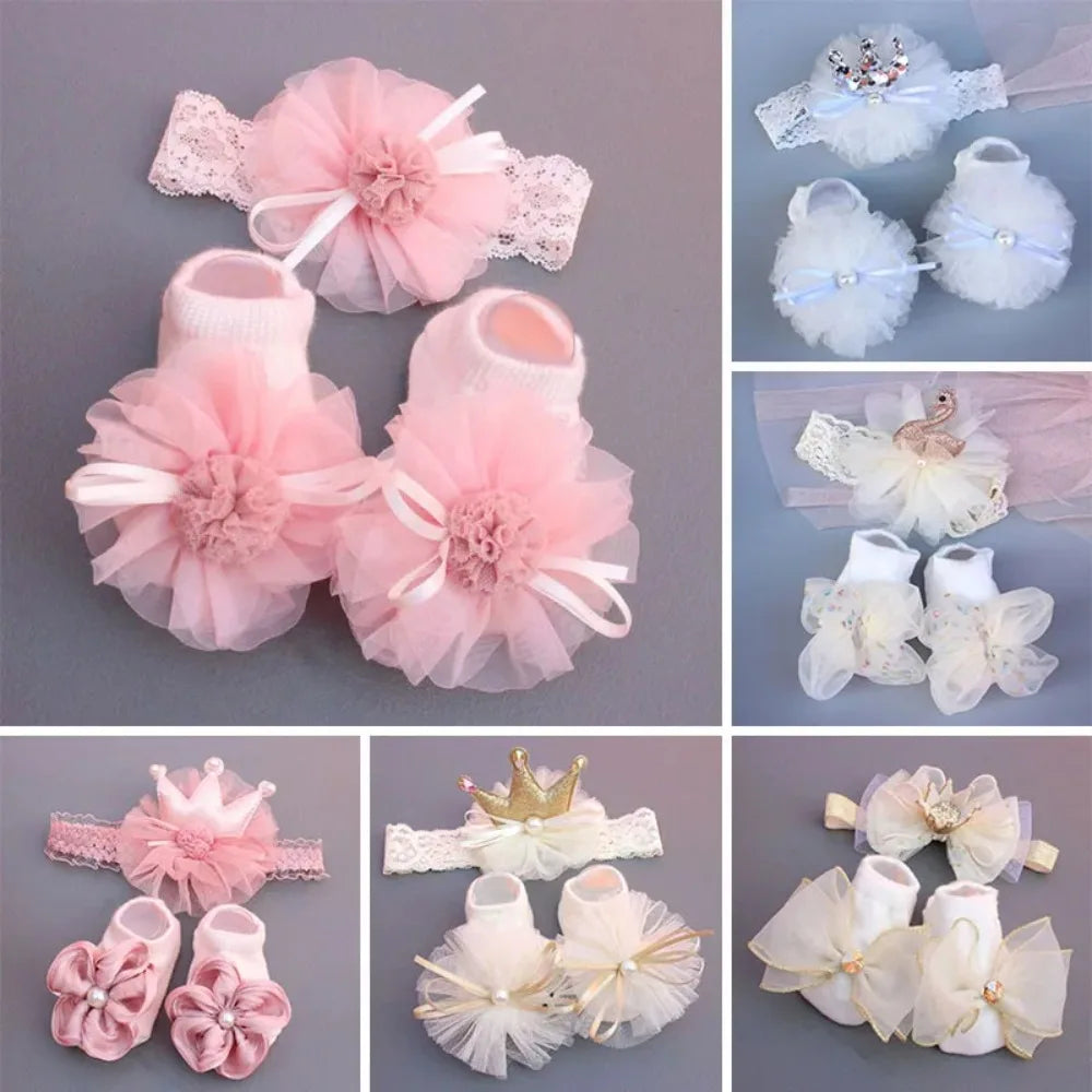 Soft Baby Headband Sock Set Comfortable Floor Socks Baby Crown Flower Headband Pink blue gold Children's Boat Socks