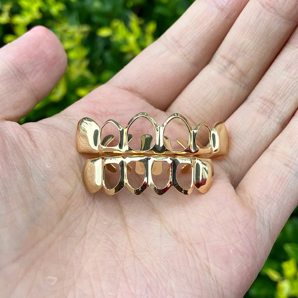 RACHELZ Hip Hop Gold Plated Teeth Grillz Fashion Top Bottom Hollow Tooth Cap Dental Grills For Men Women Jewelry Party Gift