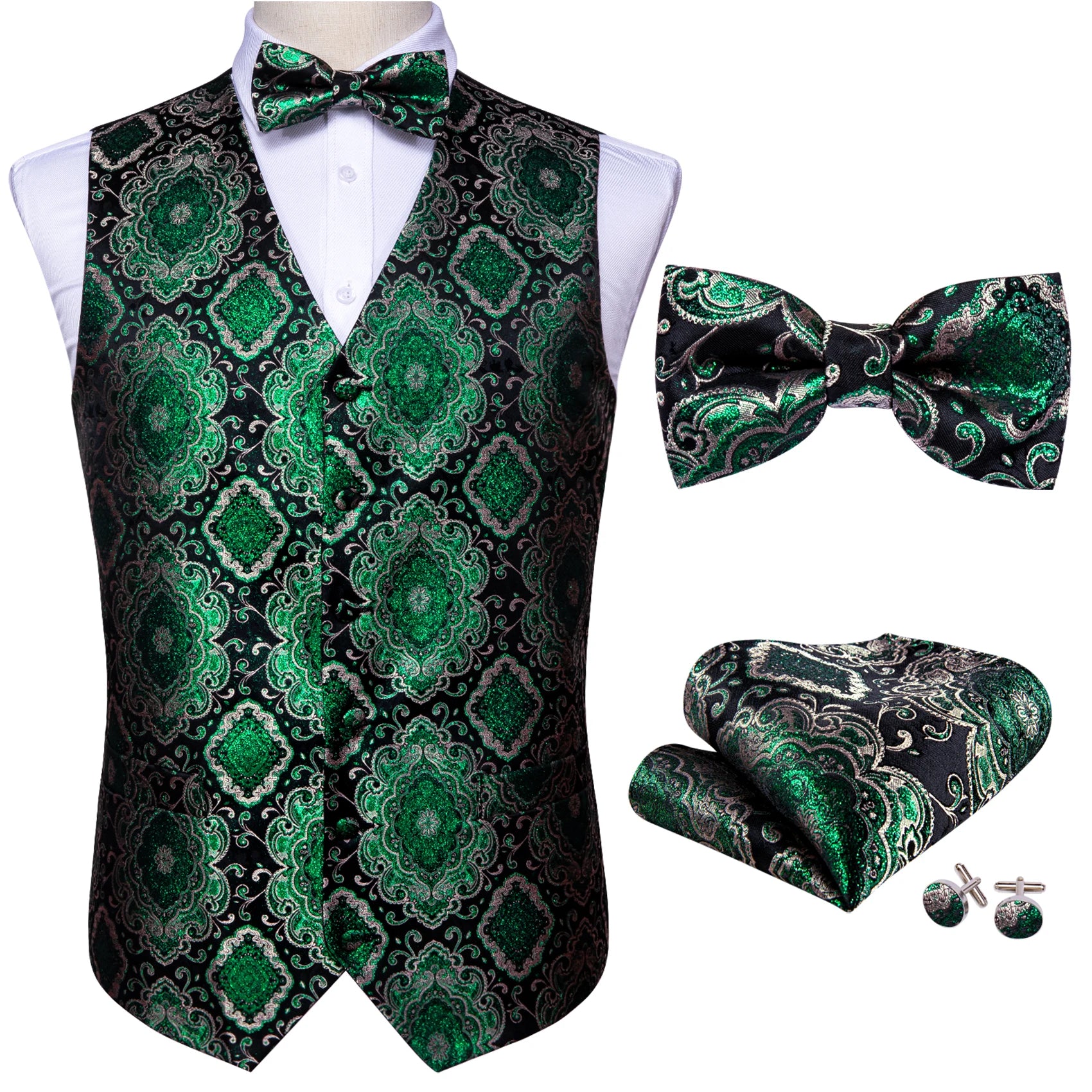 Elegant Vest for Men Silk Green Paisley Plaid Flower Slim Fit Male Suit Embroidered Waistcoat Dress Formal Jacket Barry Wang