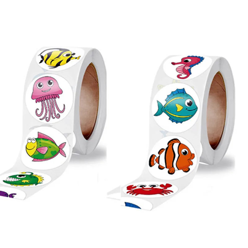 50-500 Cute Fish Thank You Stickers Kawaii Kids Sea Cartoon Sticker Roll for Christmas Gift Seal Student DIY Scrapbooking Craft
