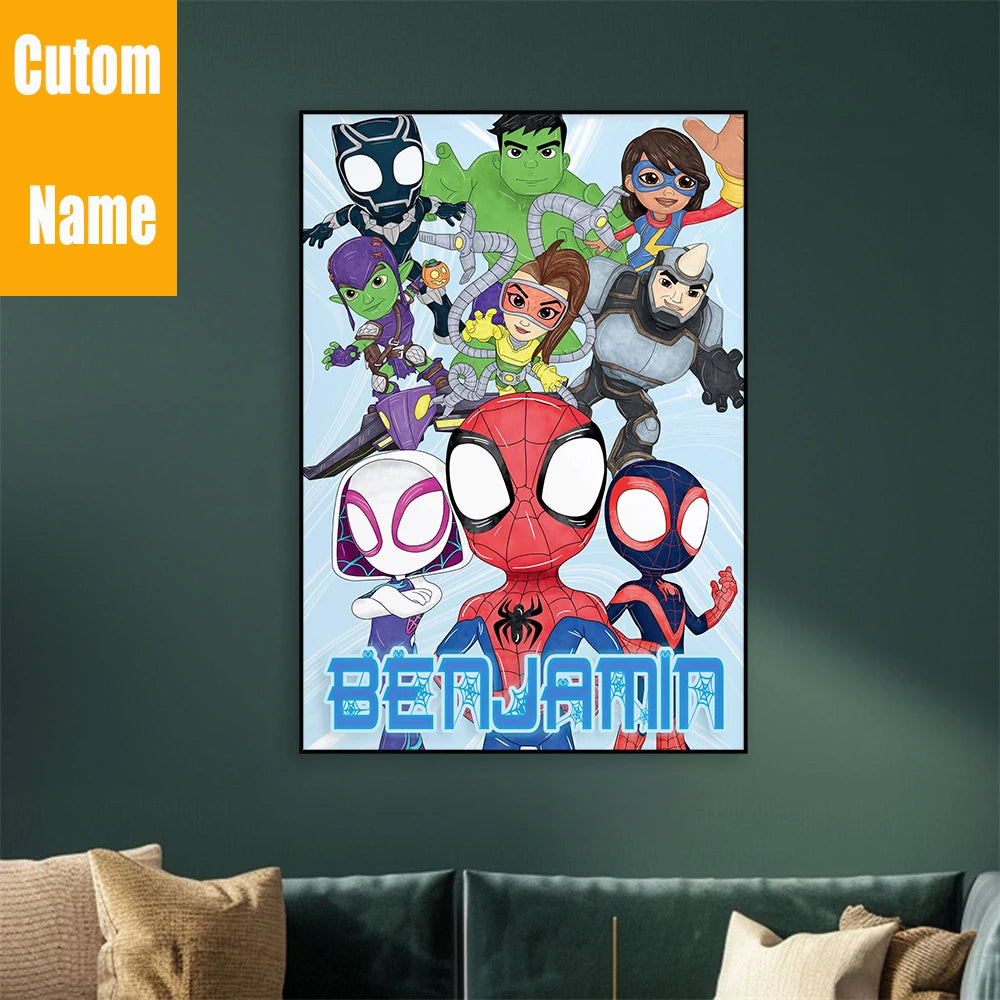 Custom Name Colorful Spidey & Friends Print Kids Boys Playroom Poster Decor Superhero Nursery Wall Art Home Decor