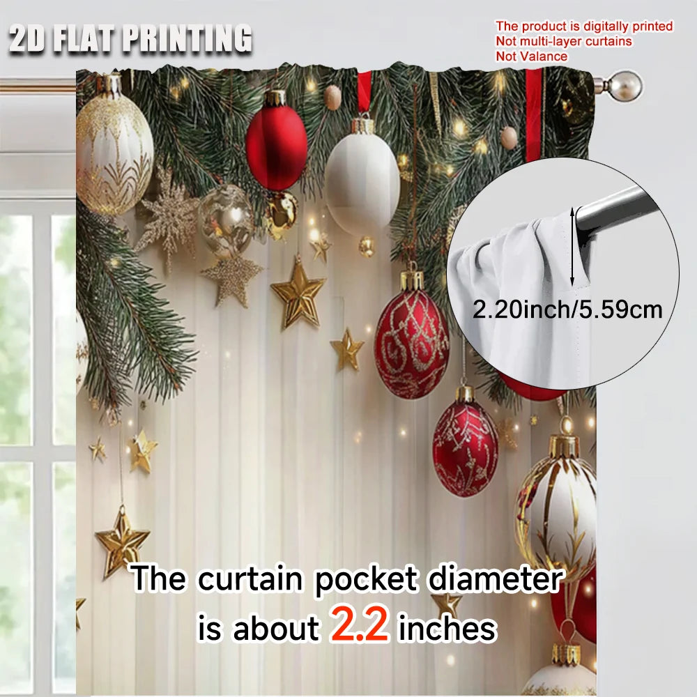 2Pcs Festive Golden And Red Ball Pine Leaves Design Christmas Window Curtains Polyester Rod Pocket Design For Living Room