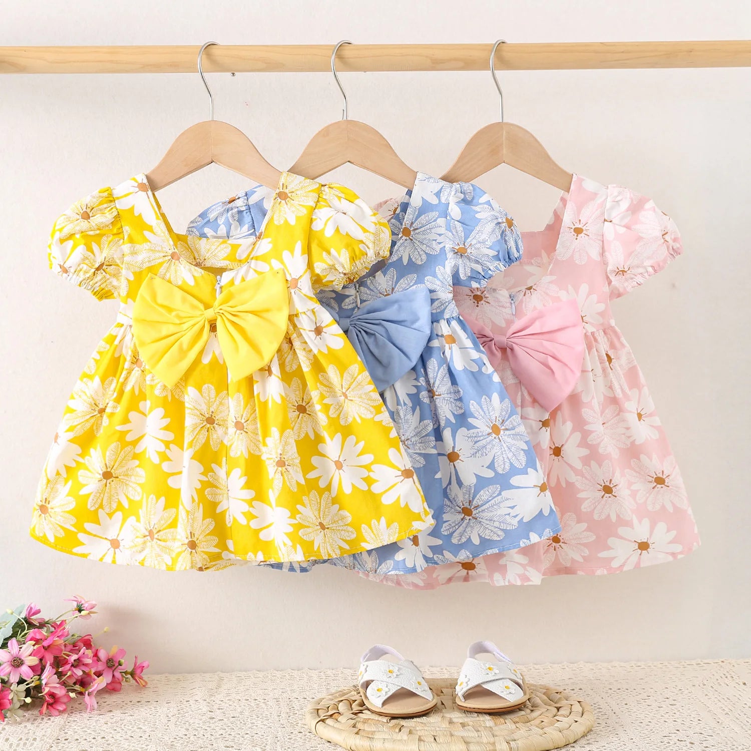 Baby Girl Dresses Summer Daisy Bow Short Sleeve Girls Dresses Cute Girls Beach Dresses Baby Girl Clothes