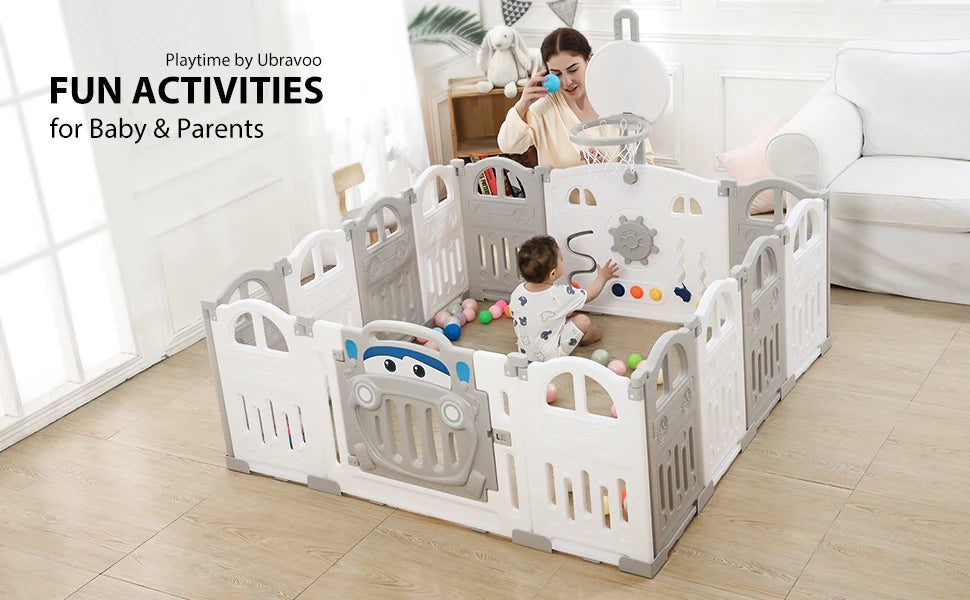 UBRAVOO Foldable Baby Playpen with Basketball Hoop & 50Pcs Coloured Pit Balls,  Toddler and Baby Play pen  fence, 14-Panel
