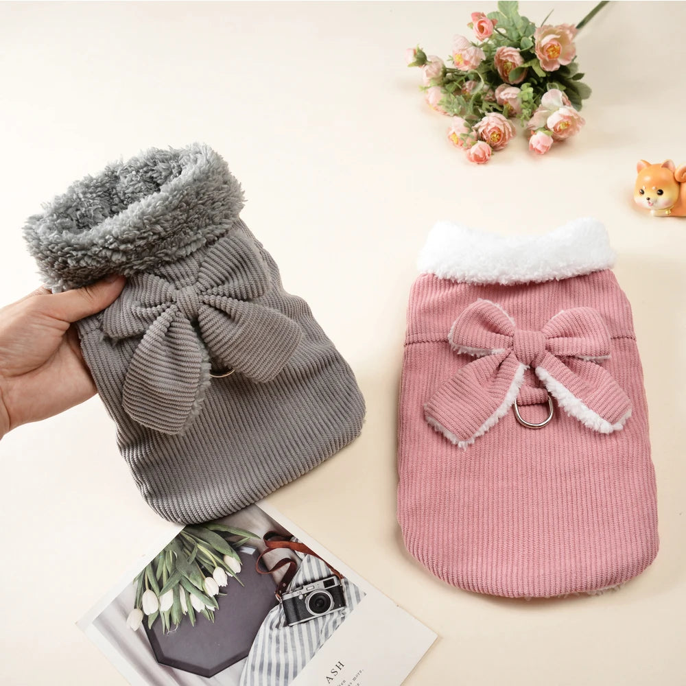 Winter Pet Clothes Cozy Thicken Fleece Solid Kitten Sweater For Small Cats Dogs Cute Bow Jacket Coat With D-Ring Sphynx Costume
