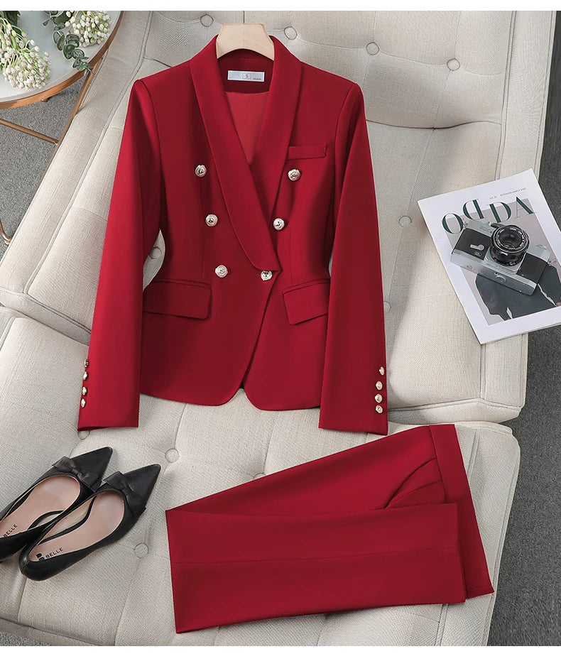 NAVIU Female Uniform Business Suits With Pants Elegant Office Blazer Set For Women Work Wear Pants Suit Claret Red Green Black