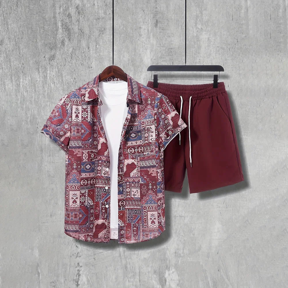 Vacation Men's 2-Piece Outfits Vintage Button Down Short Sleeve Shirt And Shorts Set Elastic Waist Shorts Short Sleeve Shirts