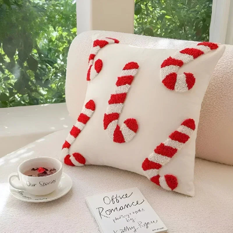 1/2 PCS Christmas Plush Pillowcase 3D Santa Hat Cane Pattern Hidden Zipper Closure Pillowcase New Year Party Decoration