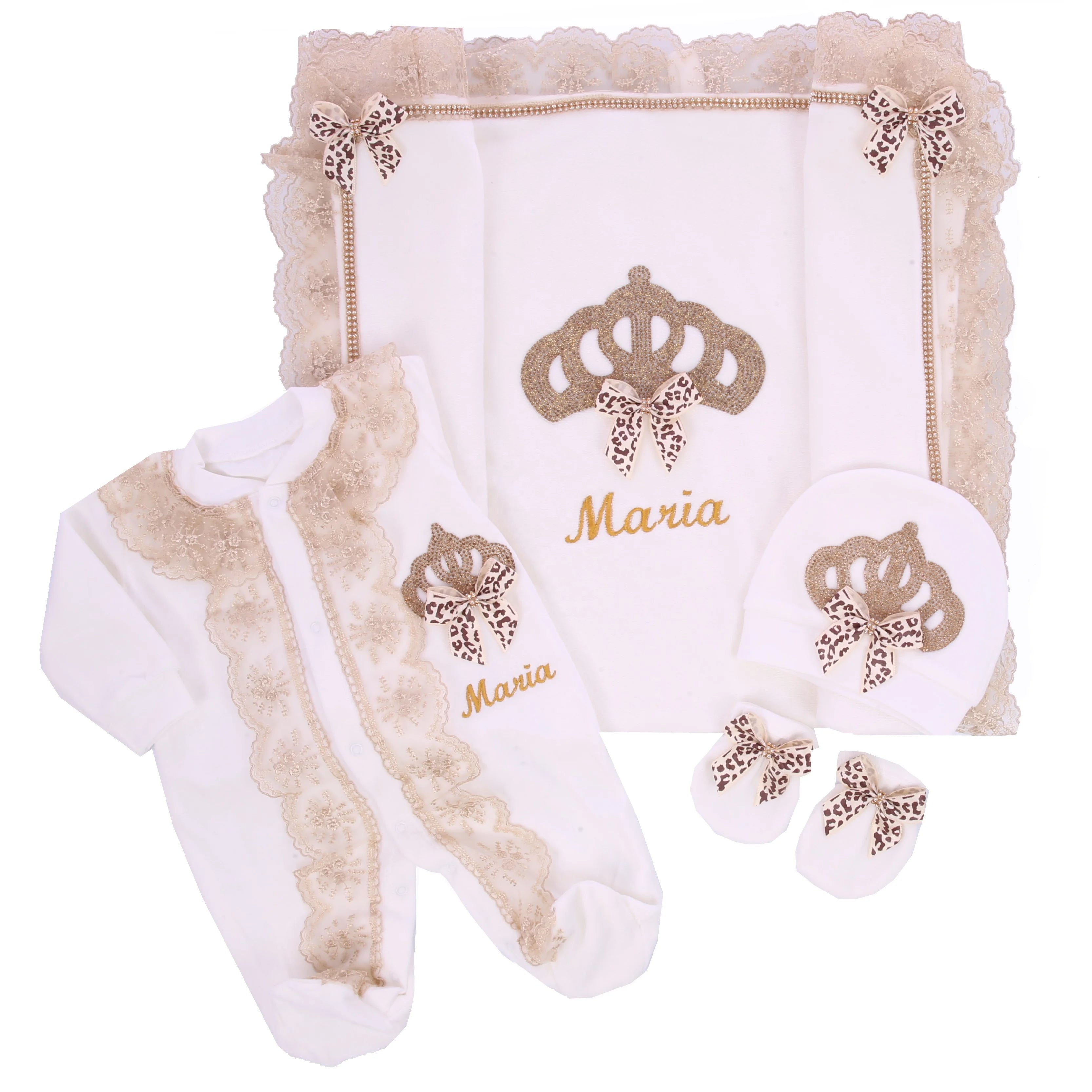 Customized Baby Name Newborn Pink Crown Jewels Gift Set 3pcs Outfits Pajamas Receiving Blanket Welcome Home Ceremonial dress