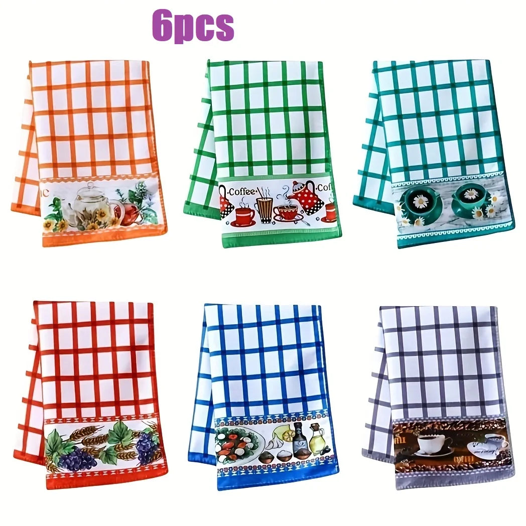 6PCS Kitchen Absorbent Printed Towels Dishcloth Hand Towel Cleaning Scrubber for Tableware Washing And Cleaning