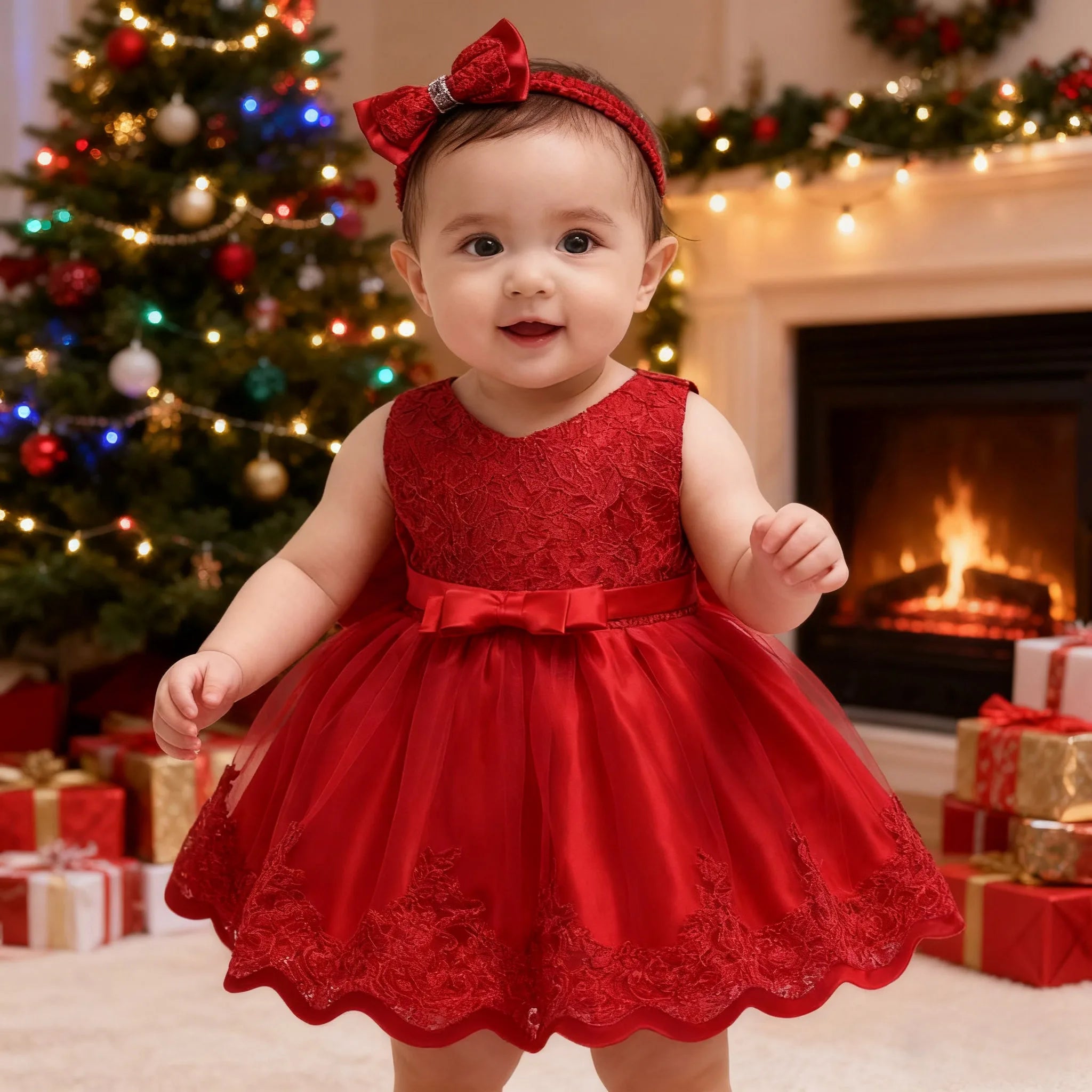 Christmas Party Dress for Girls  3 6 12 24months Pageant Lace Dresses Birthday Embroidery Dress with Headwear newborn baby cloth
