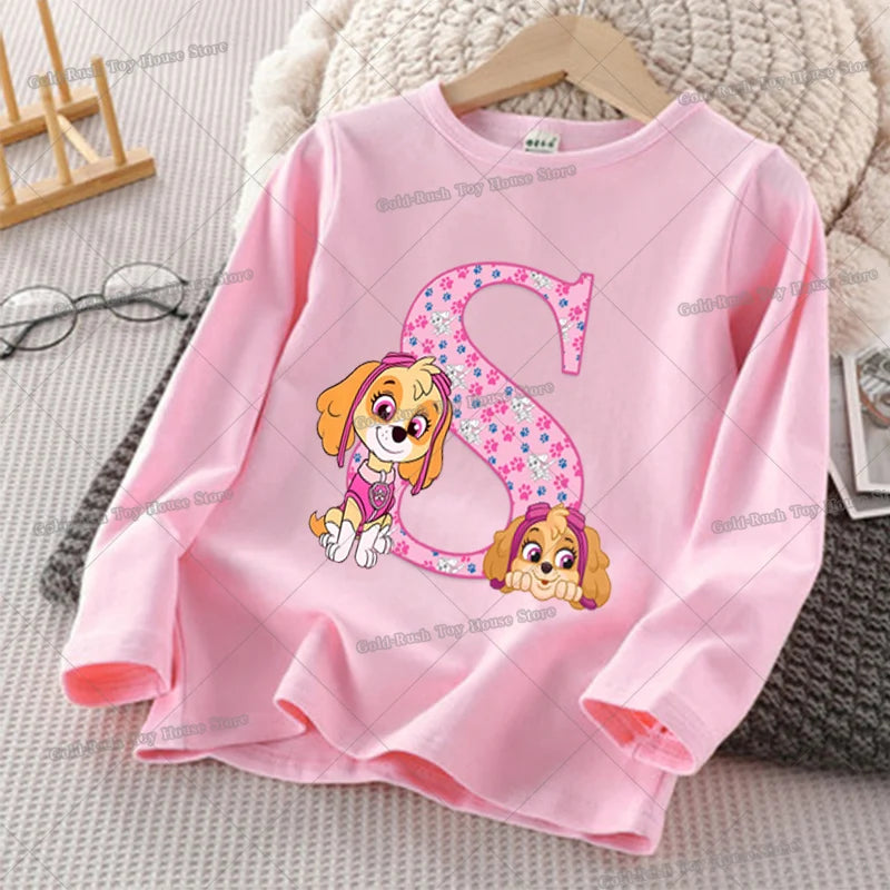 Paw Patrols Skye Letter A-Z T-shirt for Girl Long Sleeve Cotton Tops Cute Cartoon Print Children Tee Autumn Casual Kids Clothes