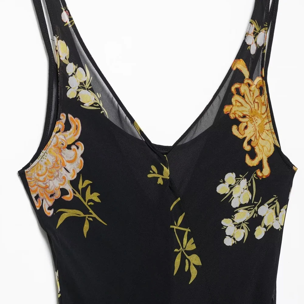 printed waist cinching dress V-neck sleeveless backless pullover summer new women's fashionable temperament long dress