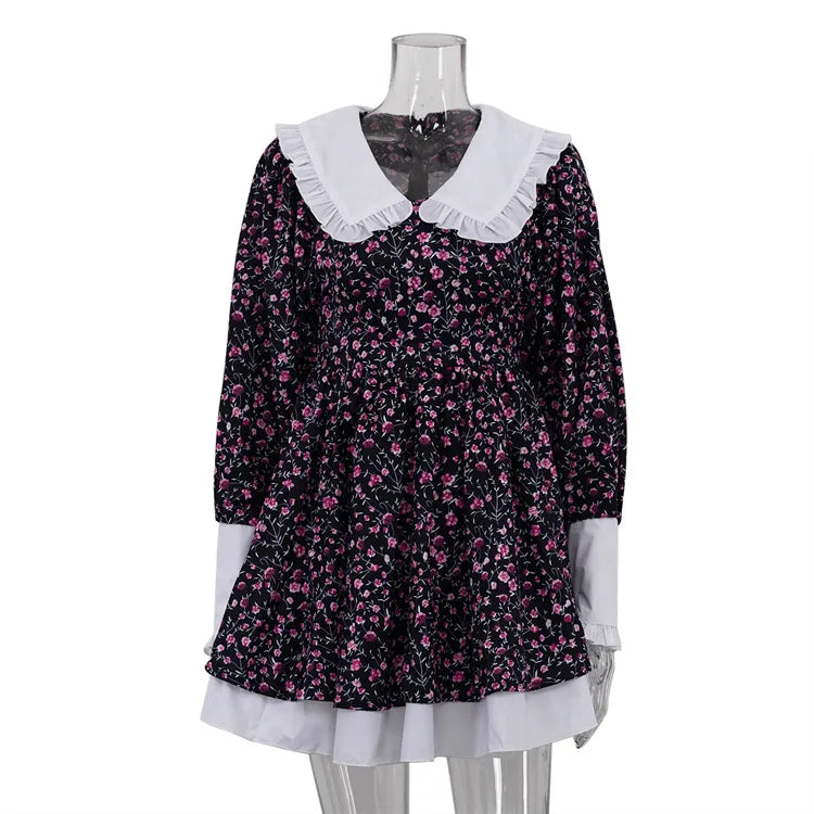 Tossy Ruffled Fashion Printed Mini Dress For Women V-Neck Patchwork Contrast Slim Long Sleeve Party Dress Female Bodycon Dress