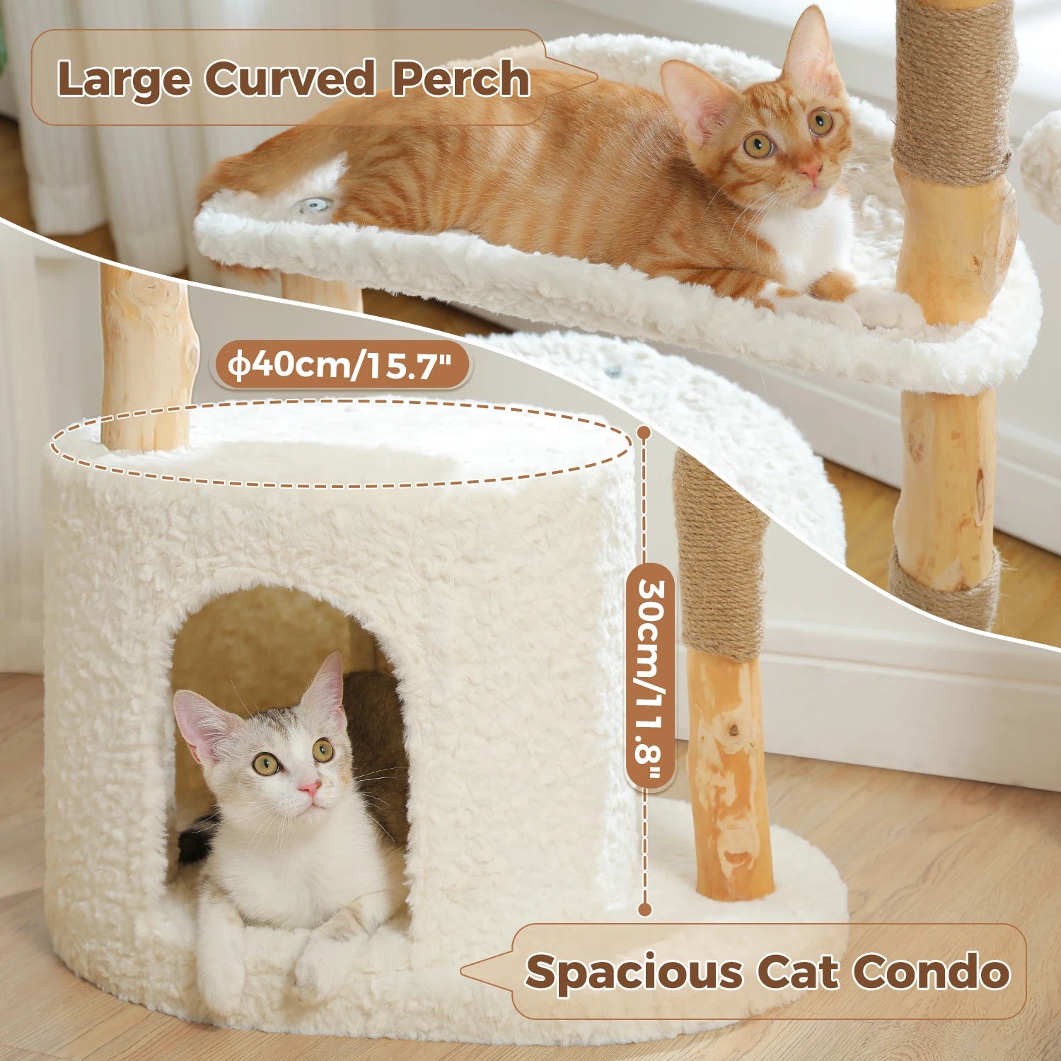 Modern Cat Tree Tower with Natural Solid Wood Scratching Posts Spacious Wicker Basket Luxury Cat Condo Bed for Indoor Cat Toys