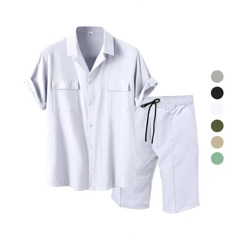 Casual Fashion Men's Suit Summer Beach Style Solid Color Men's Shirt Short Sleeve and Shorts Two-Piece Set Men's Clothing