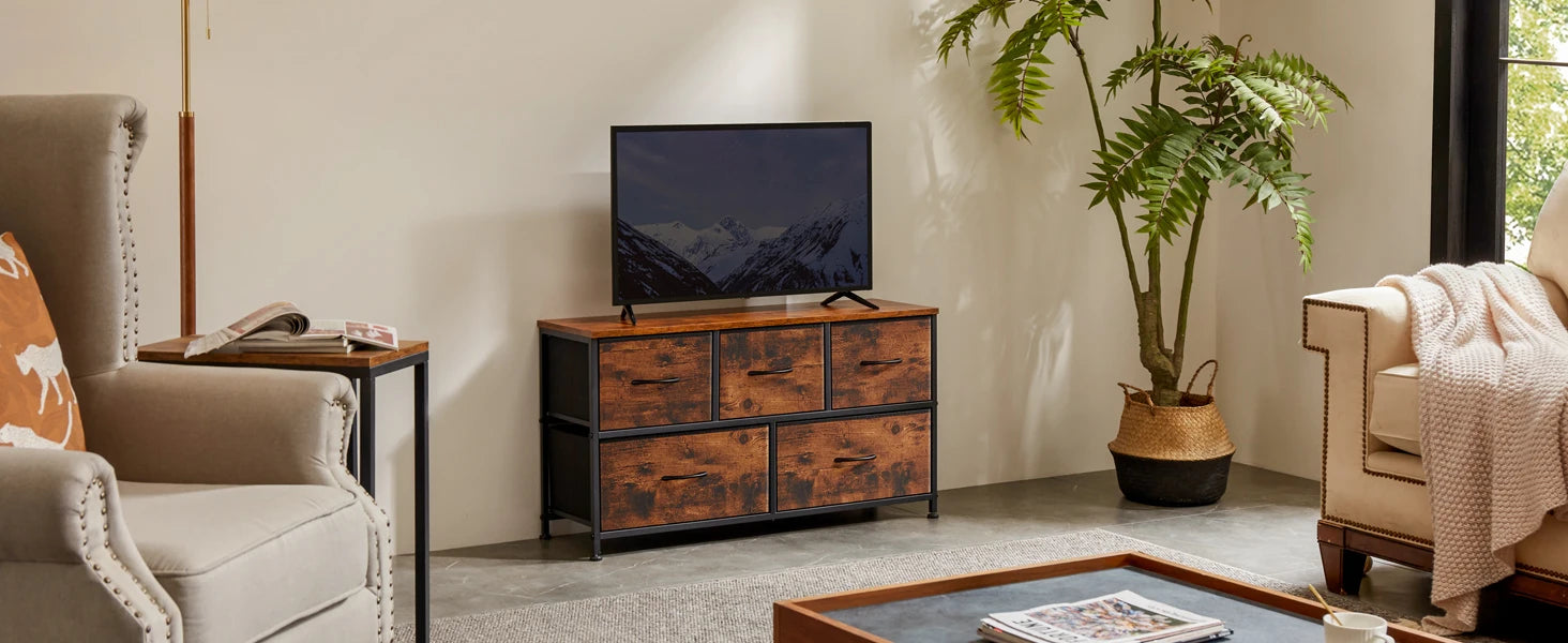 JHK salon vitrine couches avec 5 tiroirs en tissu armoire cadre en acier assemblage placard pour vêtements rangement commode