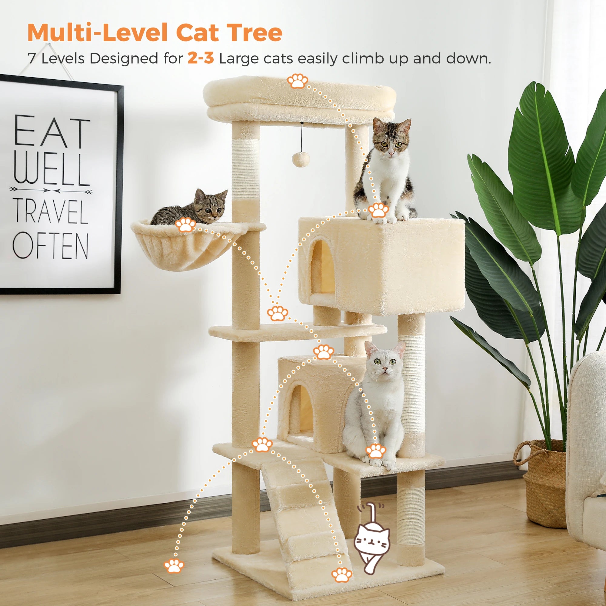 Stable&Safe Multi-Level Cat Tree Tower with Cozy Condo,Scratching Posts&Boards,Perches,Hammock,Pompoms for Active Cats,Cat Toys