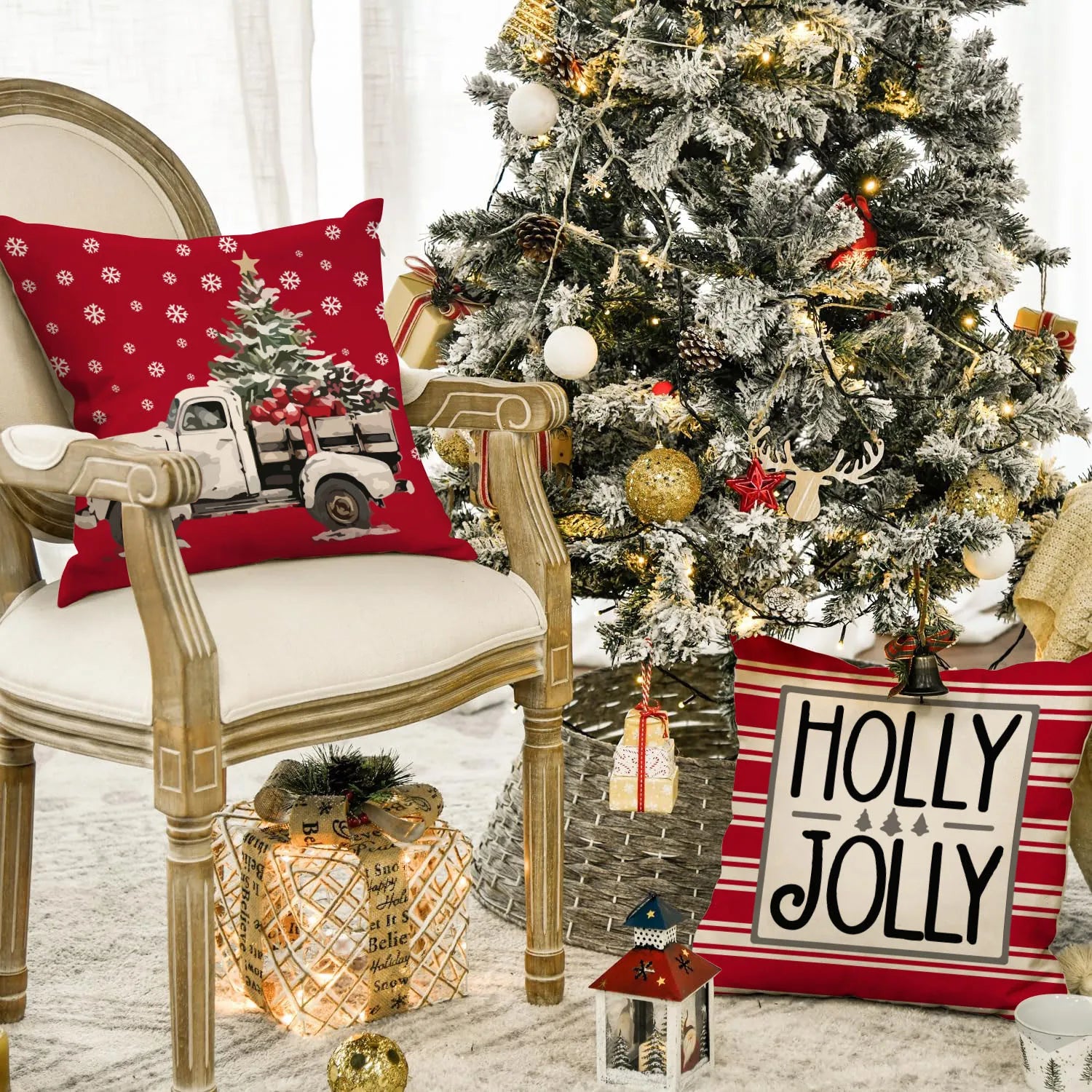 1pc/4pcs Christmas Pillow Cover, Black and Red Buffalo Plaid Celebration Christmas Tree Snowflake Decoration Sofa Cushion Cover